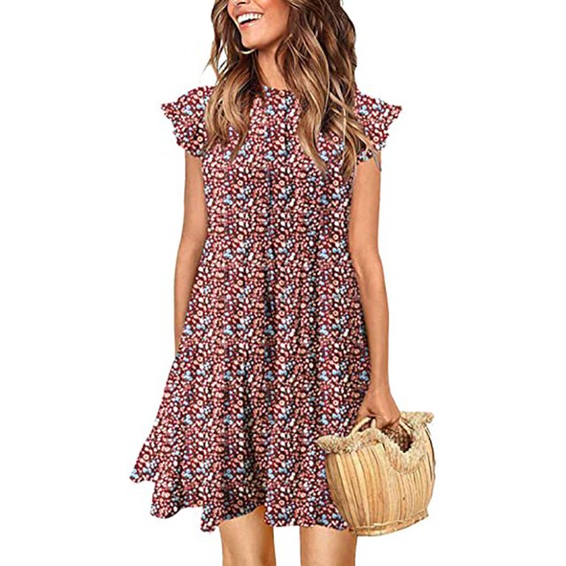 Robe d'Été pour Femmes Sans Manches à Volants Col Rond Mini Robe Couleur Unie Coupe Ample Courte Fluide Plissée, Rouge, TG