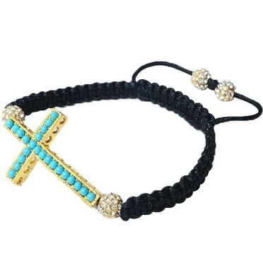Gold-Tone Cross Turquoise-Tone Blue Green Beaded Adjustable Macrame Bracelet