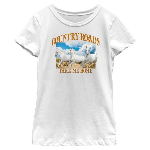 Girl's Lost Gods Country Roads Horses  Graphic Tee White Small
