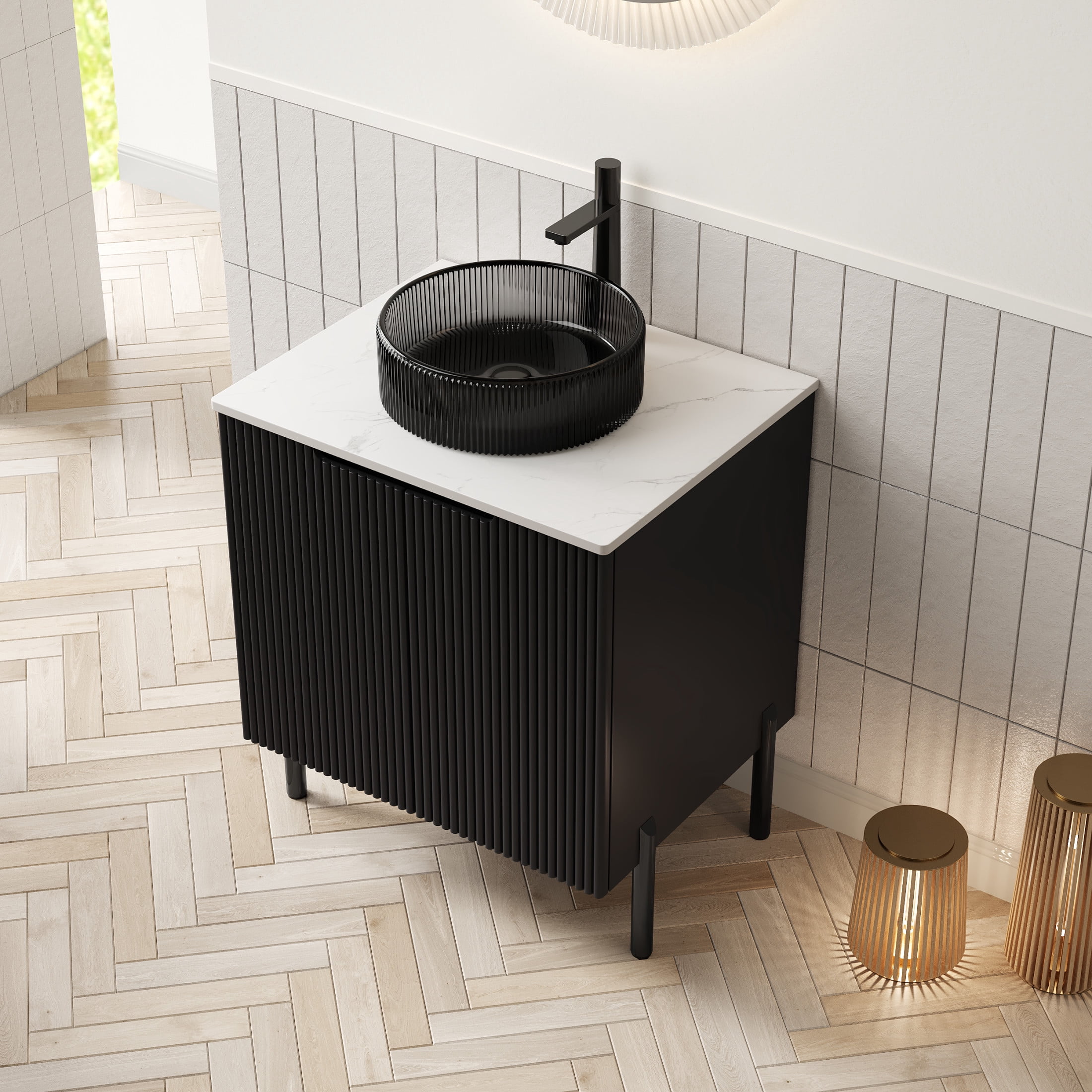 Noble House TURIO 24" Bathroom Vanity with Sintered Stone Countertop, Storage Cabinet, Black Round Basin, Black