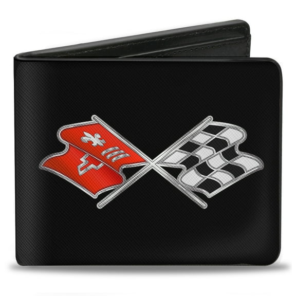 GM General Motors Wallet, Bifold, Corvette C3 Crossed Flags Logo Black, Vegan Leather
