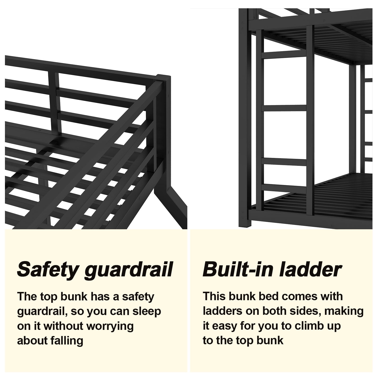 Miniyam Twin XL Over Queen Metal Bunk Bed Frame with Guardrail and Dual Ladders, Heavy-Duty Steel, Black