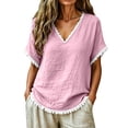 thumbnail image 2 of TGSLY Women's Fringe Trim Linen Tops Lightweight Soft V Neck Short Dolman Sleeve Blouses Loose Fit Dressy Casual Solid Color Tshirts XL, 2 of 7