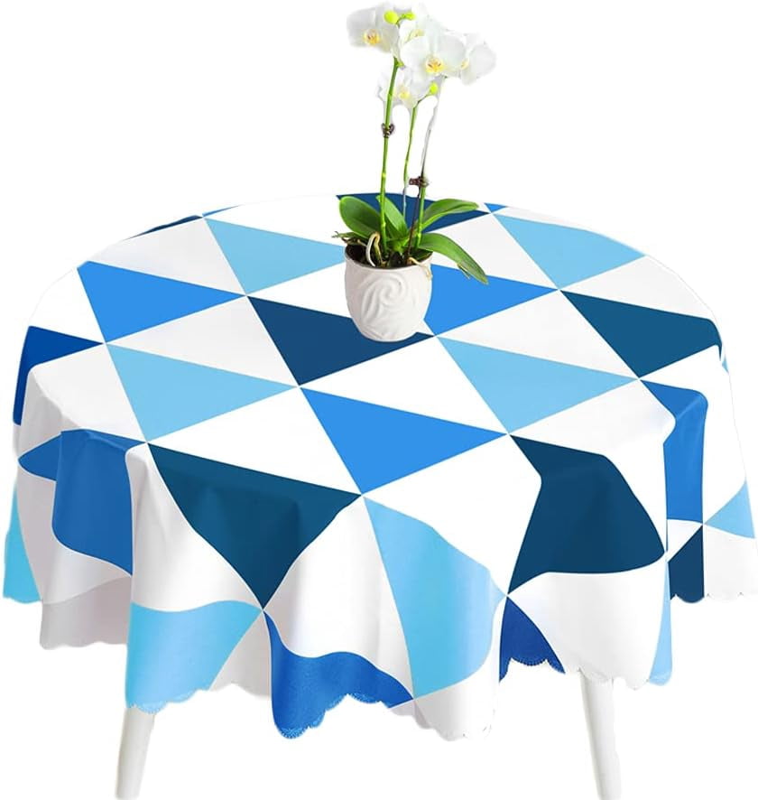 Nappes Rectangulaires en PVC, Nappe Essuyable, Anti-Taches, Imperméable, Facile à Nettoyer, Motif Triangulaire, Bleu, Rond 140cm