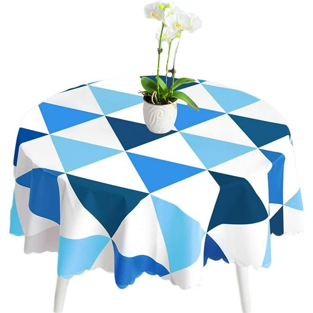 Nappes Rectangulaires en PVC, Nappe Essuyable, Anti-Taches, Imperméable, Facile à Nettoyer, Motif Triangulaire, Bleu, Rond 140cm