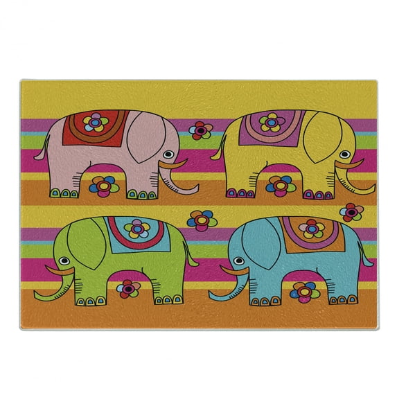 Animal Cartoon Cutting Board, Funky Floral EasternColorful Hand Drawn Fantasy, Decorative Tempered Glass Cutting and Serving Board, Small Size, Multicolor, by Ambesonne