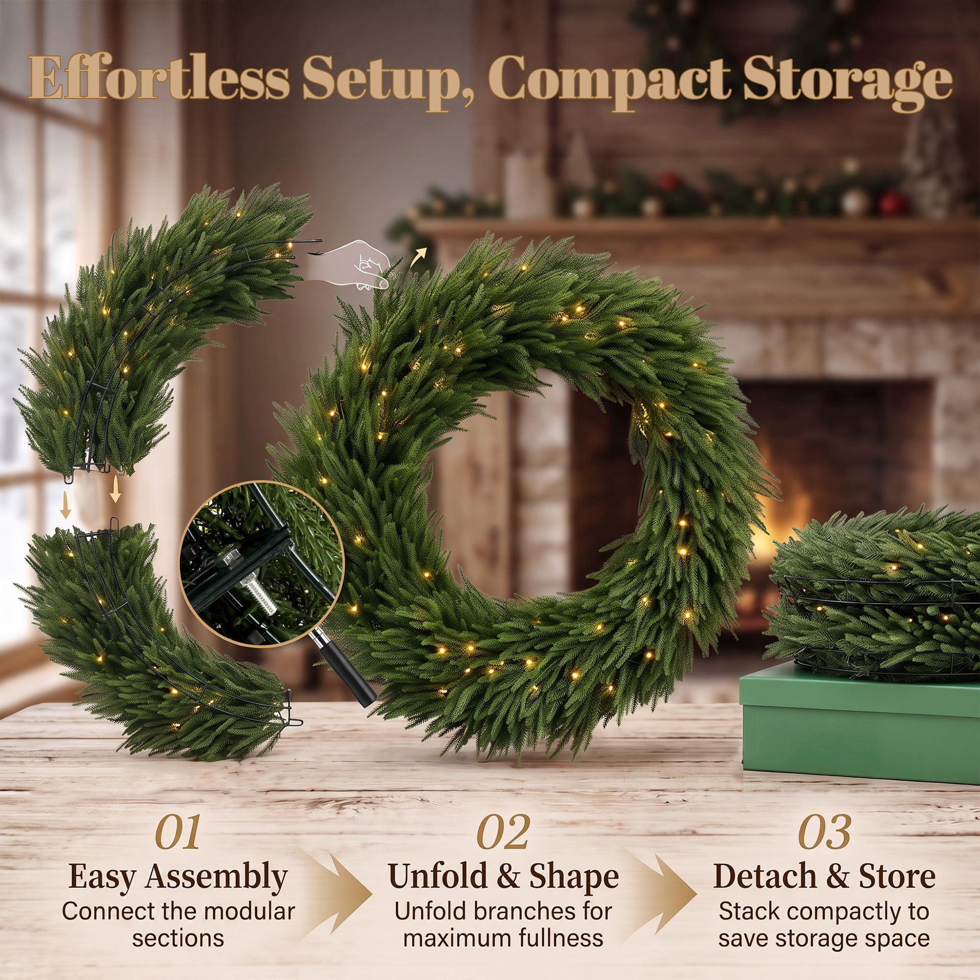 Pre-Lit Artificial Christmas Wreath, 36 in Norfolk Pine Design with 100 Warm White LED Lights, 560 Branch Tips, Indoor and Covered Outdoor Holiday Door Decor