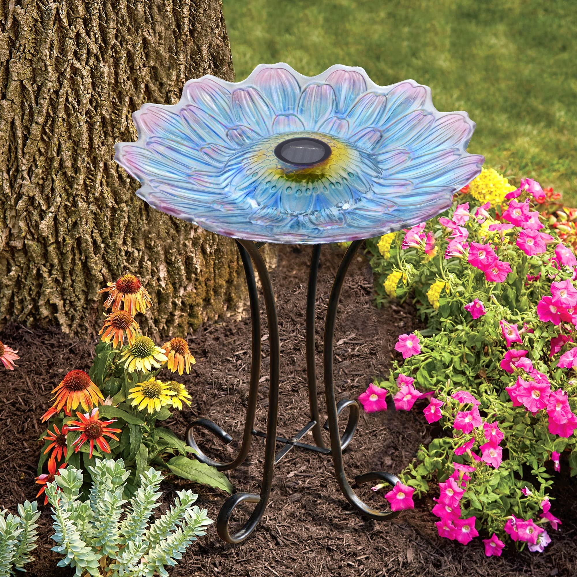 新製品情報も満載 Hi-Line Gift Ltd 78415-Q Solar LED Floral Glass Bird Bath 花瓶・フラワースタンド