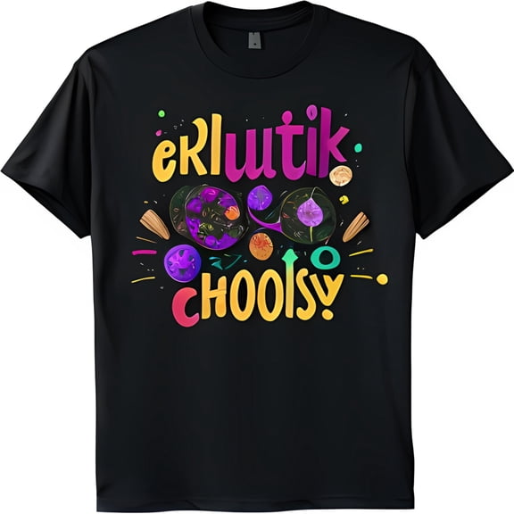 Colorful Whimsical Graphic Black T-Shirt with Eklutik & Choolsv Design