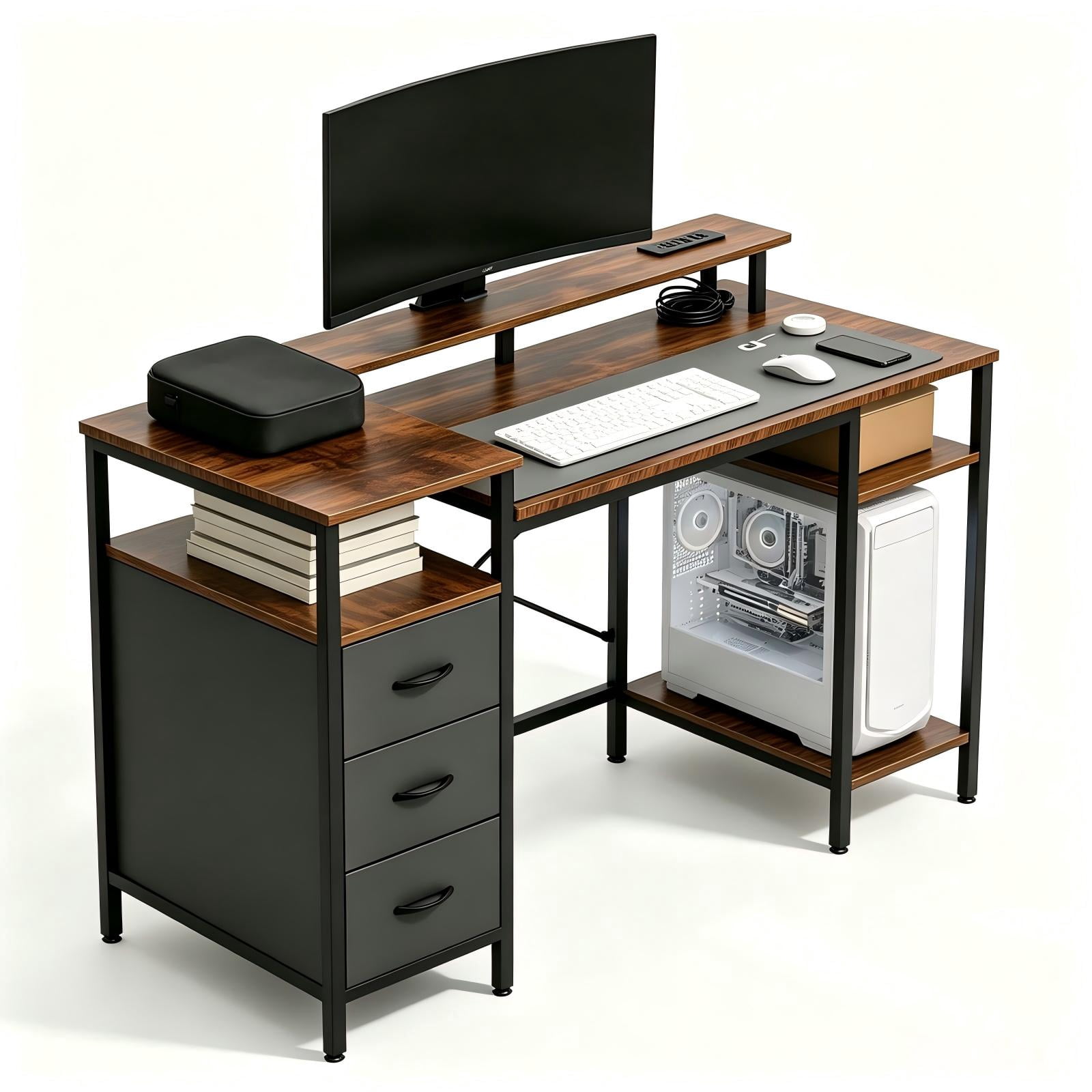 3-Drawer 4-Shelf Computer Desk with Power Strip, 47.2 x 18.8 x 34.7 in, Rotten Wood
