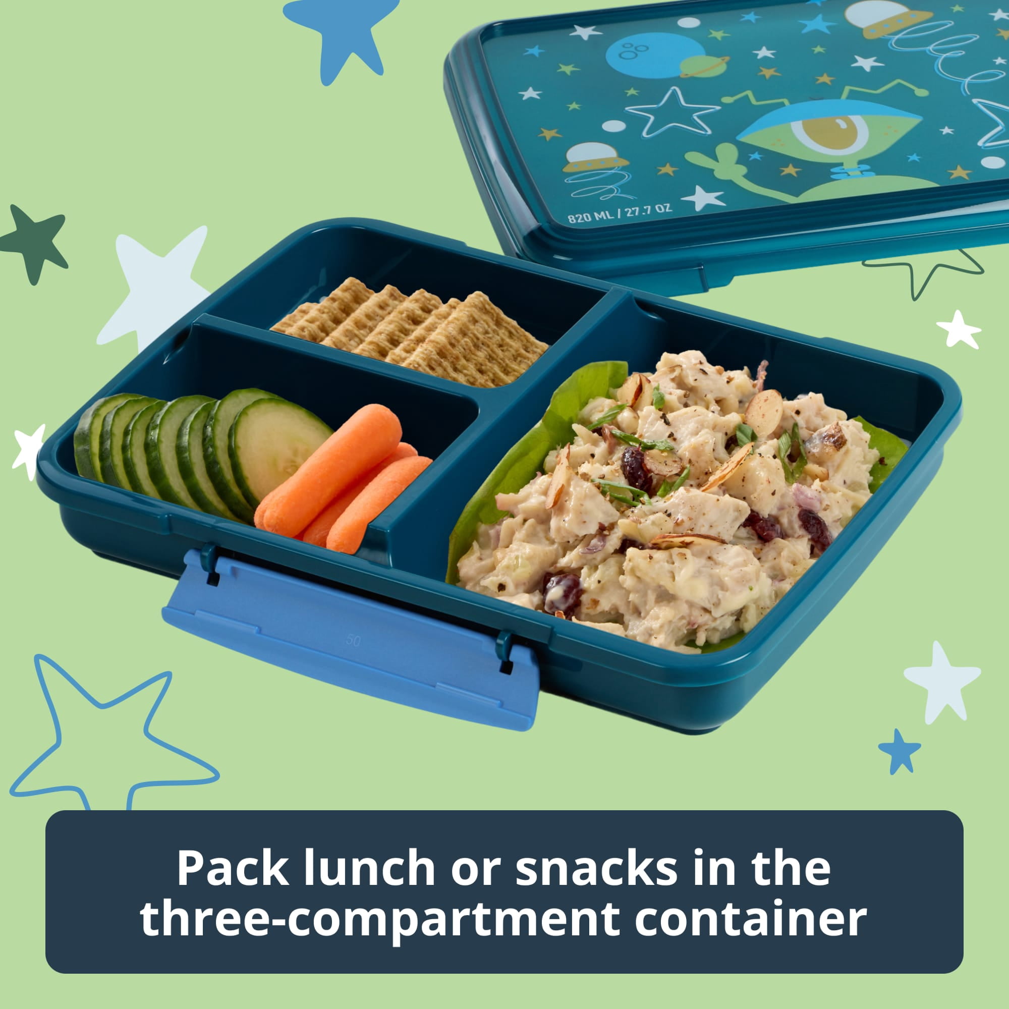 Rubbermaid Pack & Go Alien Laguna Blue 820 mL Large Divided Snack Container, Food Storage Containers, Plastic Containers for Food