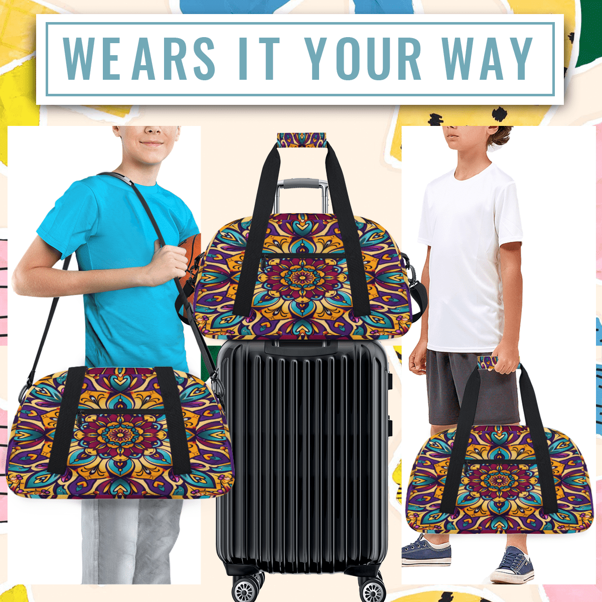 Herdesigns Sports Duffle Bags Travel Duffle Bag Gym Bag Floral Mandala Weekender Travel Bag Waterproof Overnight Bag Carry On Travel Tote Bag Dance Bags