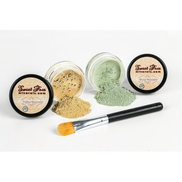 GREEN & YELLOW CORRECTOR Kit with Concealer BRUSH Mineral Makeup Set