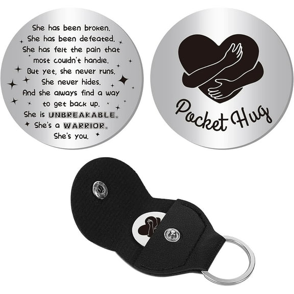 Pocket Hug Token Inspiration Gift Long Distance Relationship Keepsake Stainless Steel Double Sided with PU Leather Keychain for Friends Family Daughter 1.2 x 1.2 Inch