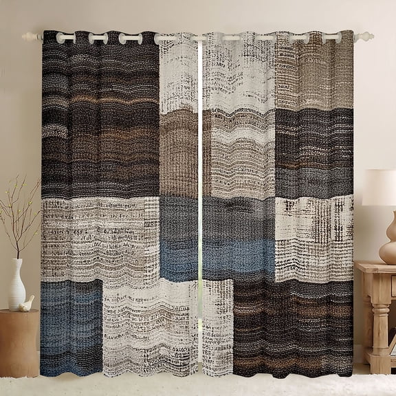 Manfei Graffiti Geometric Check Curtains Pack of 2 (42x84 Each),Retro Patchwork Buffalo Curtains Blackout,Brown Gray Blue Bedroom Curtains For Adults,Luxury Bedroom Decor