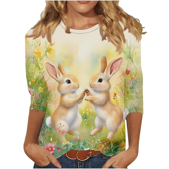Blouses for Women Dressy Casual Plus,Women Easter Shirts 2025 Cute Rabbit Bunny Pullovers Religious Tunic Blouse Funny Egg Graphic Tees 3/4 Length Sleeve Tops