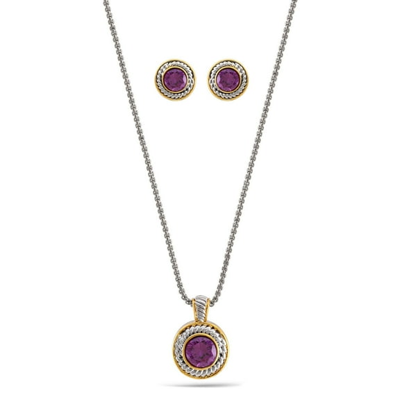 TAZZA WOMEN'S TWO TONE AMETHYST CRYSTAL ROUND PENDANT NECKLACE AND EARRINGS SET #JJSET-1958AM