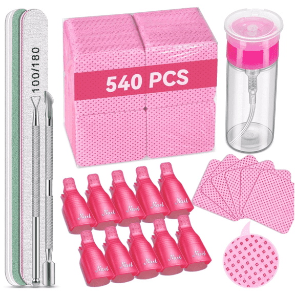MORGLES Gel Nail Polish Remover Kit with 540 Wipes, 100ml Pump Bottle, 10 Clips, Cuticle Pusher, File, Buffer - Professional Manicure Tools Set