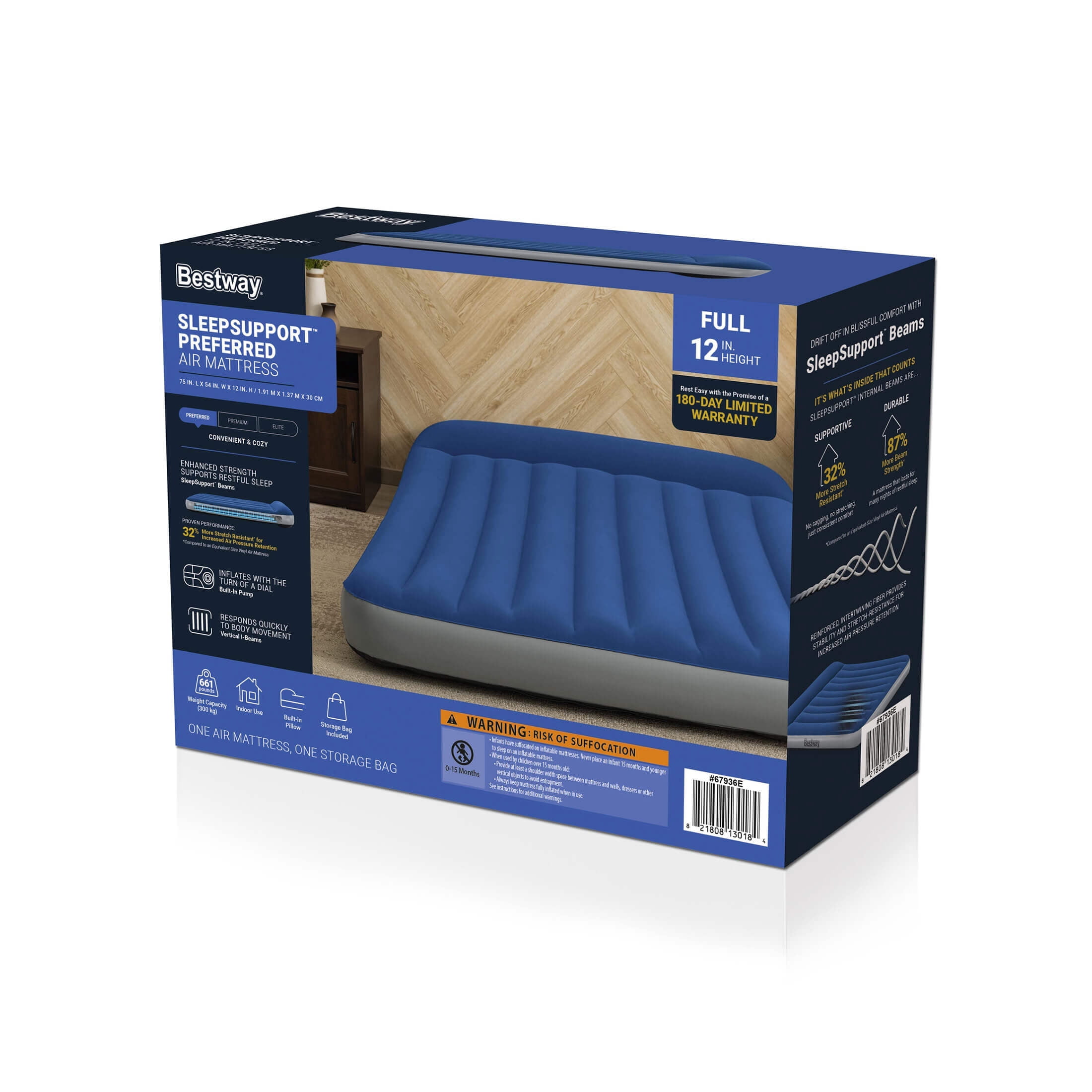 Bestway SleepSupport Air Mattress Full 12” with Built-in AC Pump