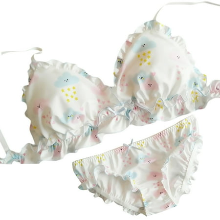 

Sofullue Women Cute Bows Bra Panty Set Smile Clouds Print Ruffles Anime Lolita Underwear