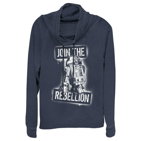 Junior's Star Wars R2-D2 Join the Rebellion  Cowl Neck Sweatshirt Navy Blue Small