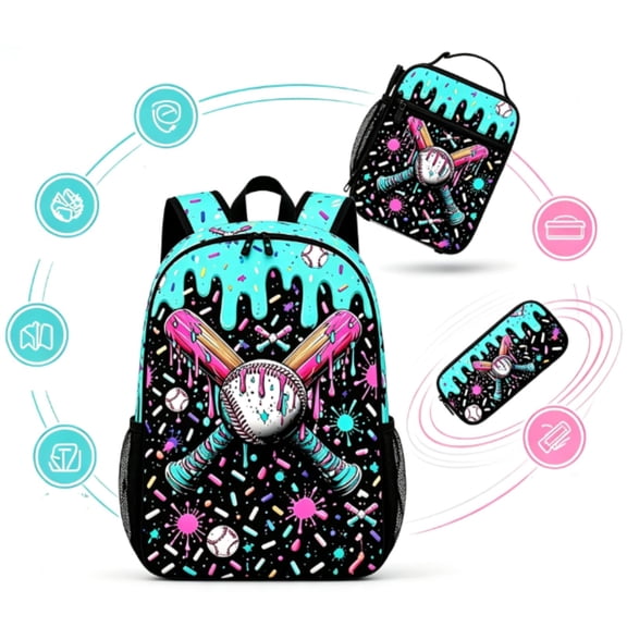 Baseball School Backpack with Lunch Box and Pencil Pouch,Travel Bag for Men & Women Lightweight College,Large‑capacity Bookbag for Boys Girls Back to School&Travel