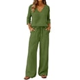 thumbnail image 5 of EaseDay Womens Summer Sets Soft 3/4 Sleeve V Neck Top Wide Leg Lounge Pants Loose Casual Matching Outfits with Pockets and Elastic Waist Army Green, 5 of 8