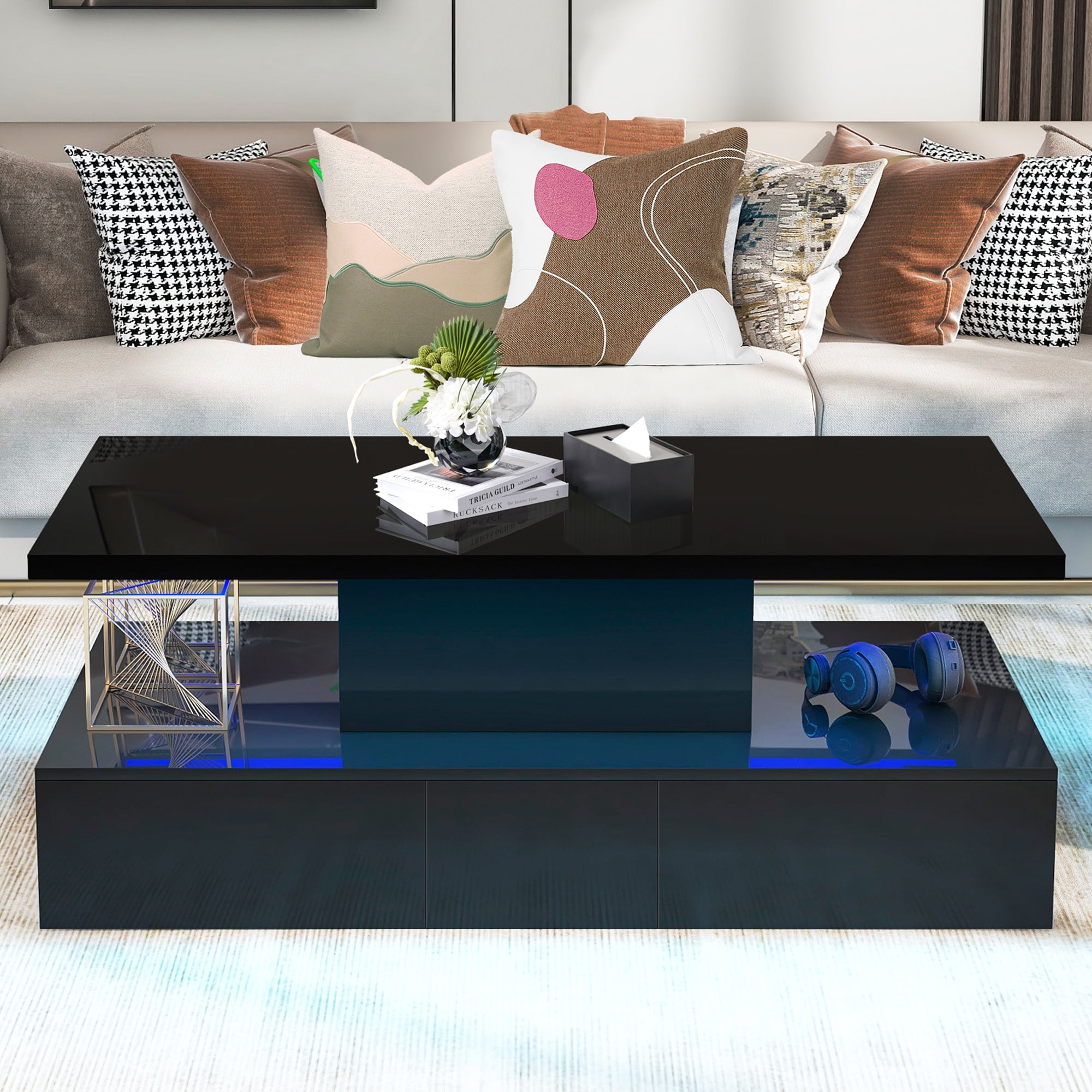 PAPROOS 41" LED Coffee Table with 4 Storage Drawers, High Gloss Black Rectangular Center Table for Living Room Bedroom, Modern Coffee Tables with Large Storage Space, App/Remote Control