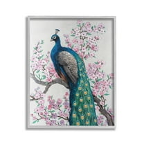 Stupell Industries Peacock & Cherry Blossoms Animals & Insects Painting Gray Framed Art Print Wall Art, 16 x 20