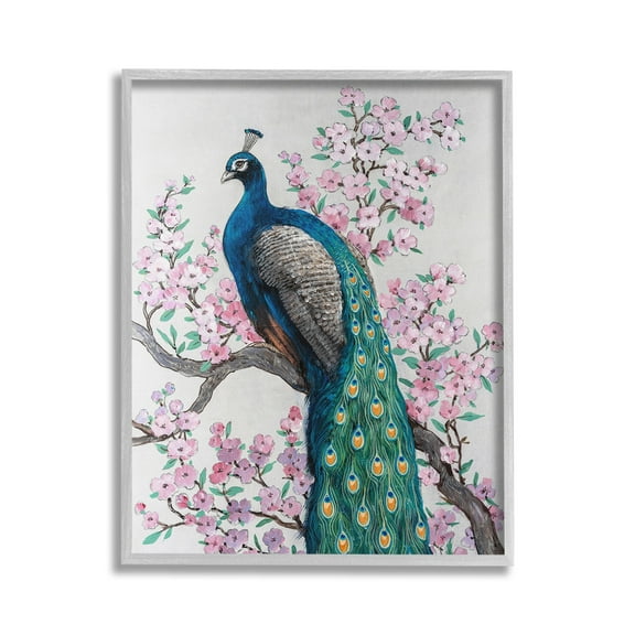 Stupell Industries Peacock & Cherry Blossoms Animals & Insects Painting Gray Framed Art Print Wall Art, 16 x 20