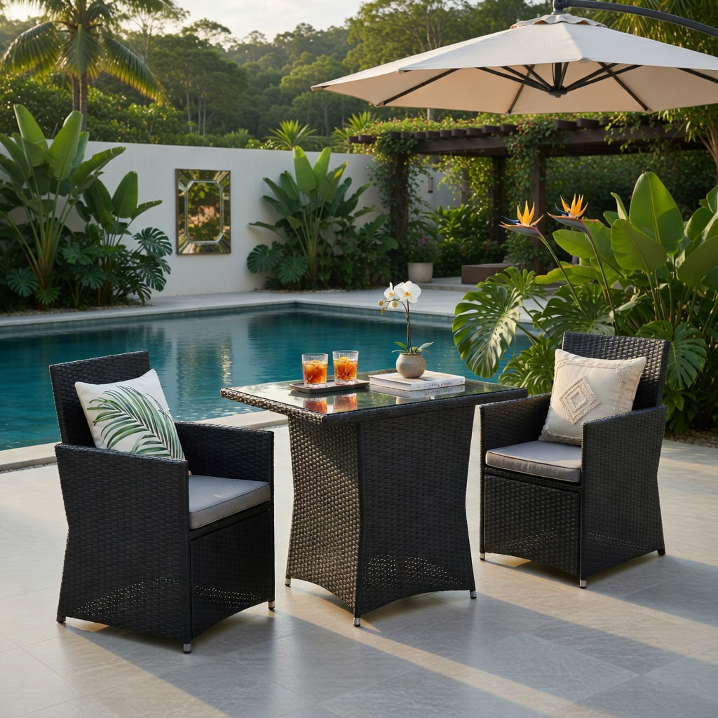 Hommoo 3-Piece Weather-Resistant PE Rattan Patio Furniture Set, Steel Frame, Tempered Glass Table & Ergonomic Armchairs with Removable Cushions, Gray