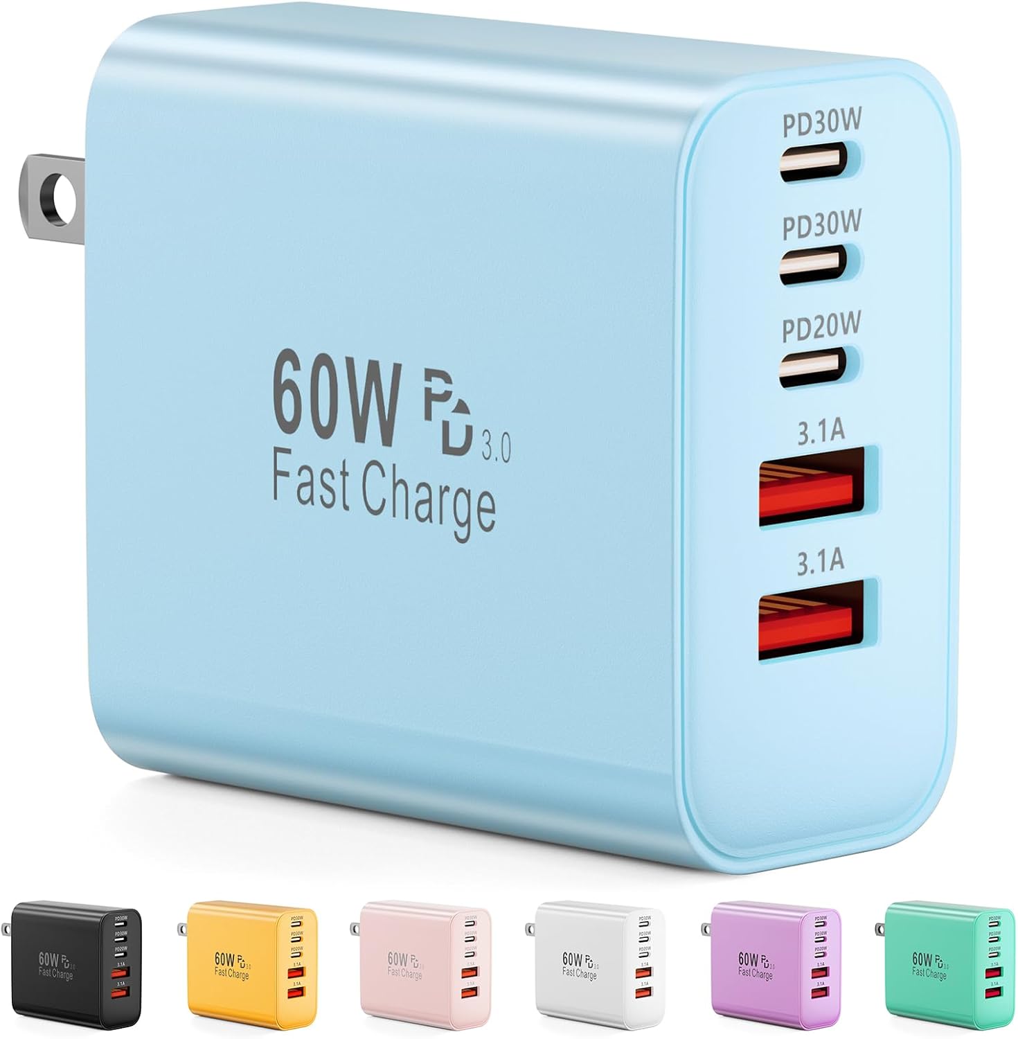 MHAWBL-USB C Charger Block, 60W 5-Port Type C Charger Fast Charging Block, USBC USB Multiple Port Wall Charger Plug Adapter for iPhone 17/Air/16/15/14/13/12/11 Pro Max, Samsung Galaxy, iPad, Tablet (
