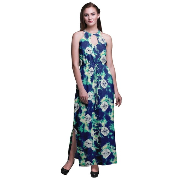 Bimba Tie-Dye Women Printed Crew Neck Side Slits Halter Dress Long Evening Gown-Medium