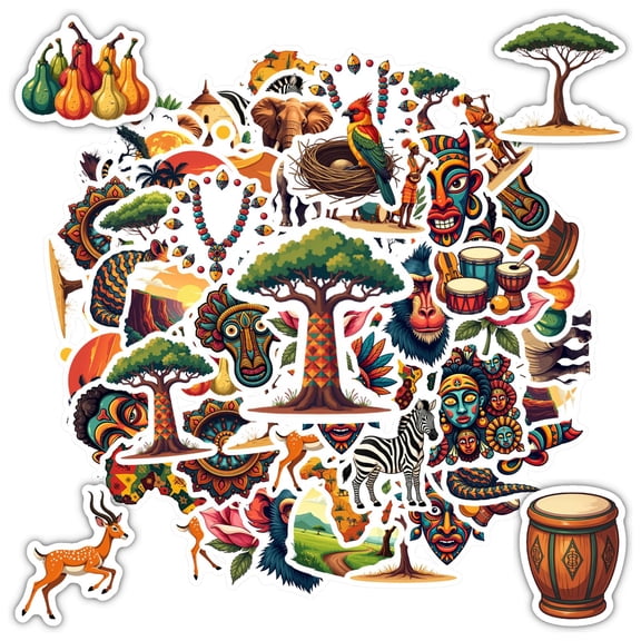 35pcs-50pcs Colorful Animal Stickers African Wildlife Decals Tribal Art Stickers for Luggage Laptop Guitar Fridge