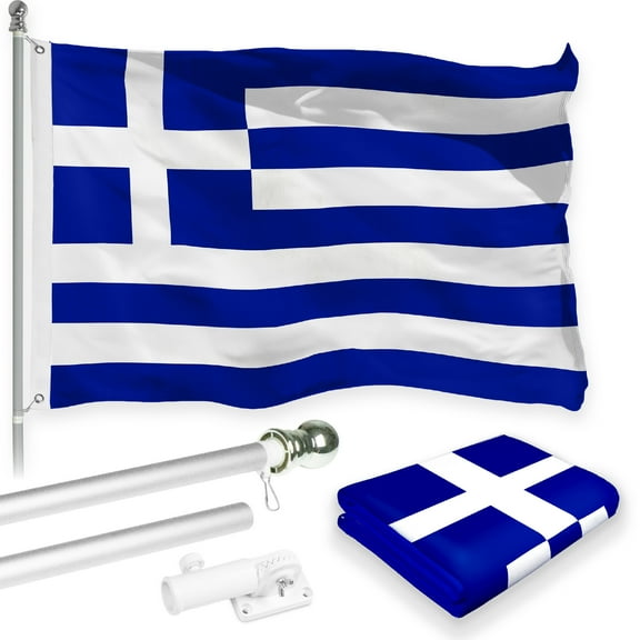 G128 Combo Pack: 6 Feet Tangle Free Spinning Flagpole (Silver) Greece Greek Flag 3x5 ft Printed 150D Brass Grommets (Flag Included) Aluminum Flag Pole