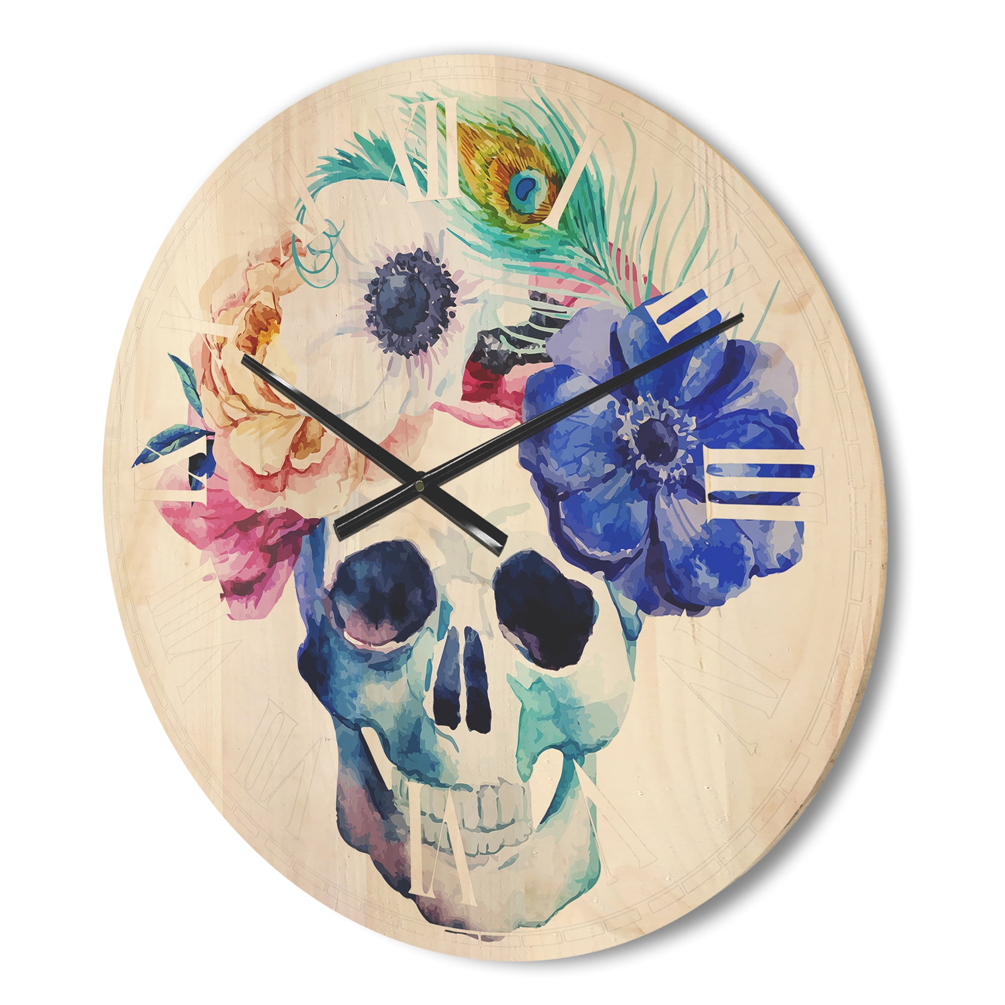 Designart 'Scull and Anemones' Bohemian Wood Wall Clock