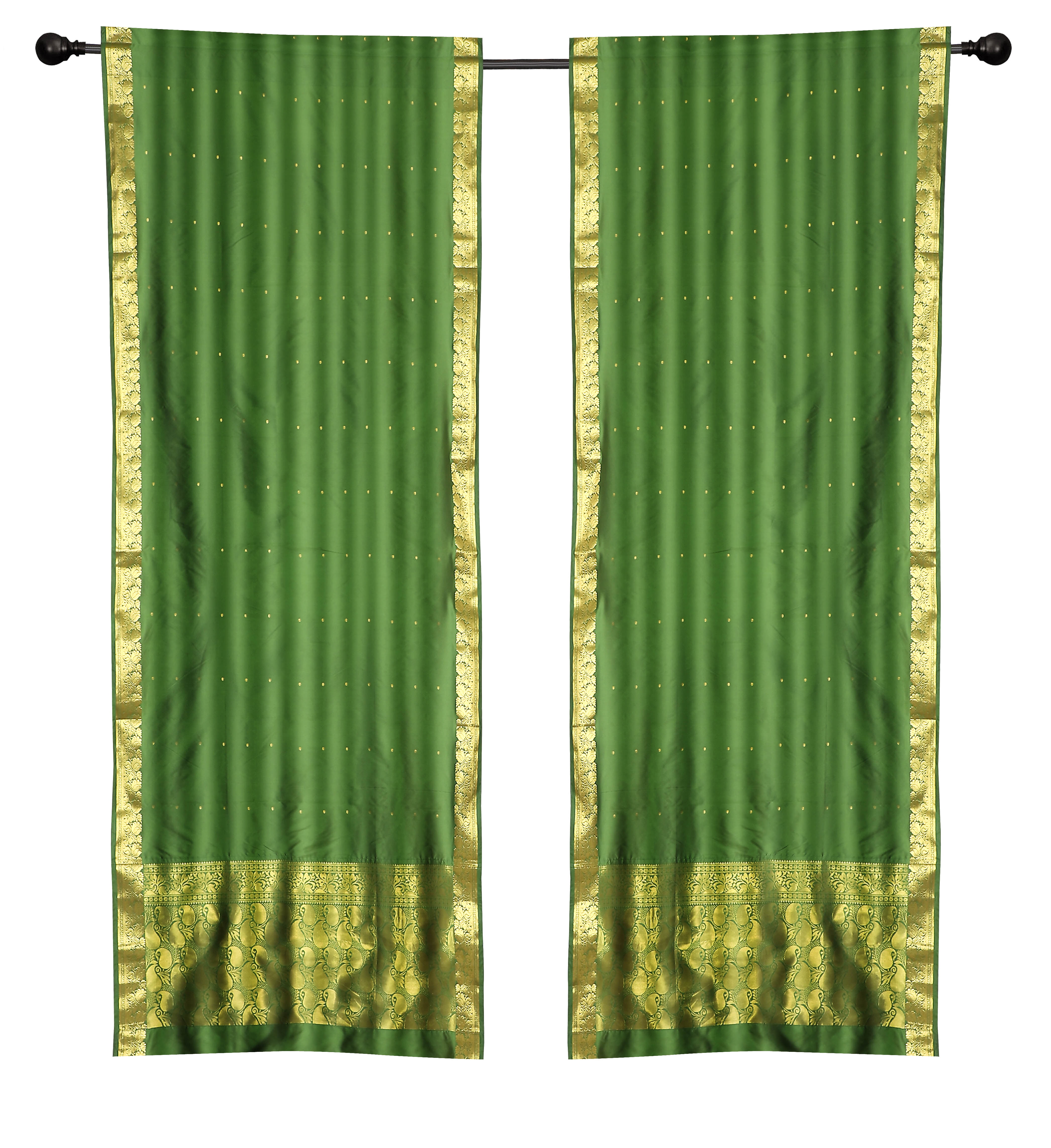 2 Lined Boho Green Indian Sari Curtains Rod Pocket Window Drapes -43W x ...