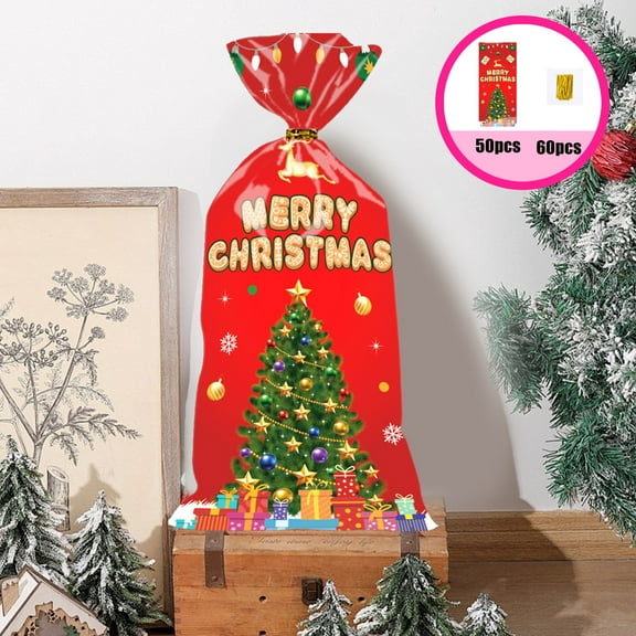 Gmogad 50Pcs Christmas Gift Bags - 5x10in Clear Plastic Treat Bags for Candy Cookies Party Favors - Holiday Baking Packaging for Xmas Exchange Goodie Bags