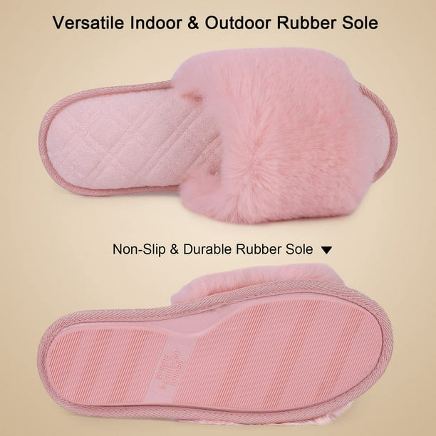 LongBay Women's Fuzzy Faux Fur Memroy Foam Flat Spa Slide Slippers Open Toe  House Shoes Sandals (Small / 5-6, Black) : : Clothing, Shoes &  Accessories
