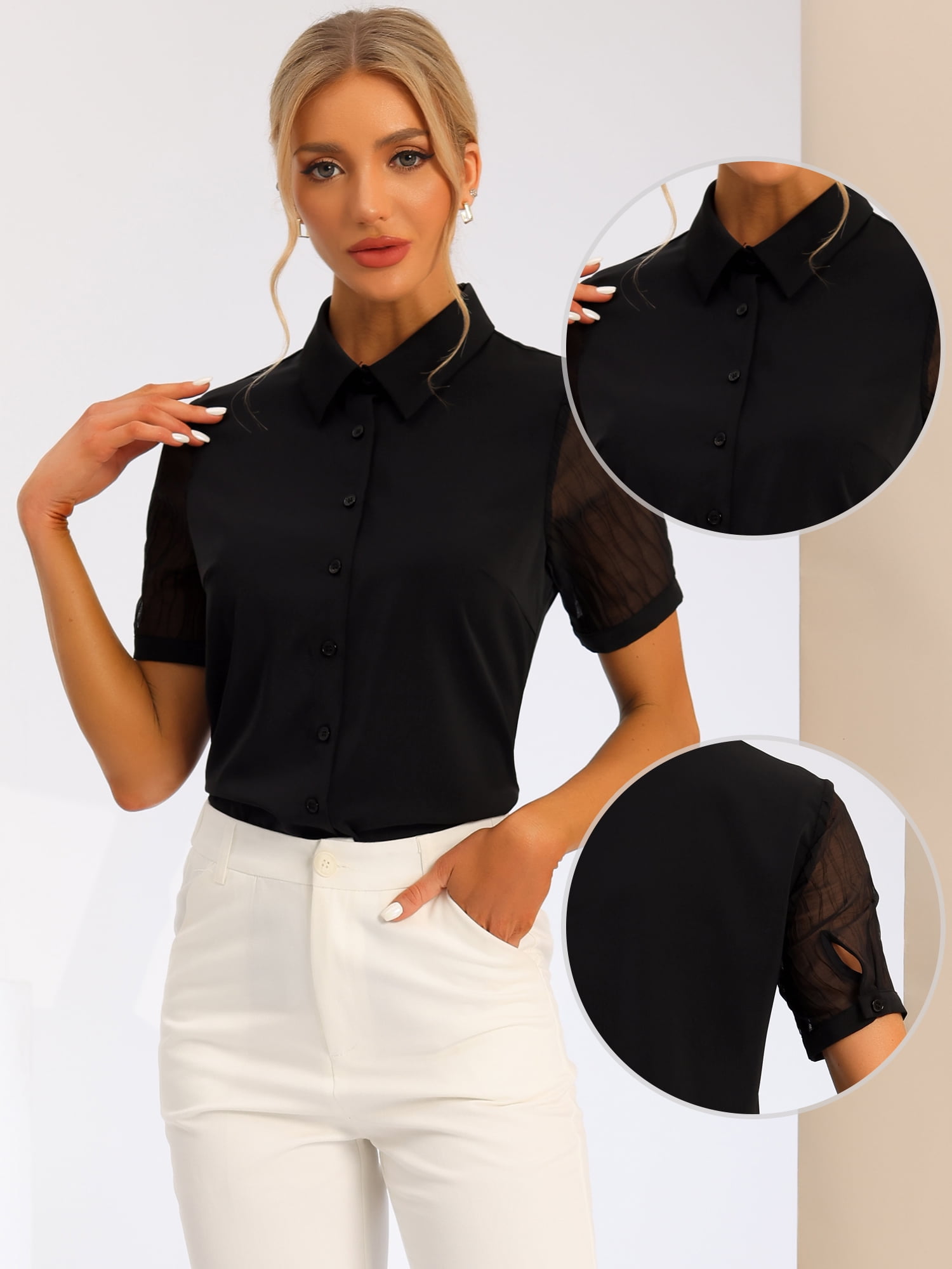 DARING DIVA Women's Button Down Sheer Short Sleeve Point Collar Work Shirt  XS Black