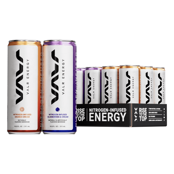 VALR Energy | Orange Cream & Blueberry Tart Nitrogen-Infused Energy Drink | 12 Pack | 175mg Natural Caffeine from Green Tea | Pre-Workout Performance with Amino Acids & Antioxidants