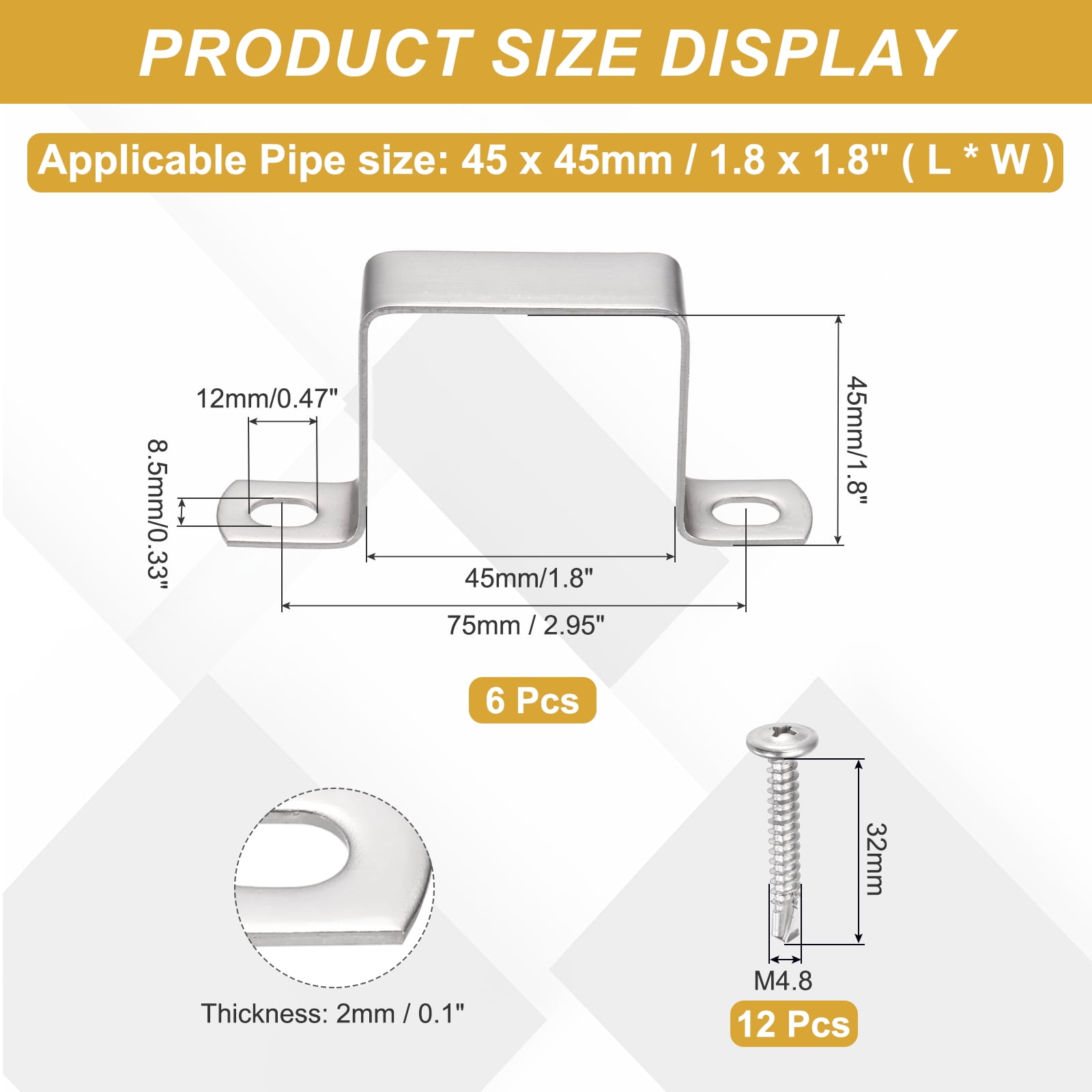 Uxcell 6Pcs U Shape Square Tube Clamp, 45x45mm U Shaped Bracket 304 Stainless Steel Square Strap Clamp with Phillips Head Self Drilling Screws for Pipes Door Closed Bar Holder Railings