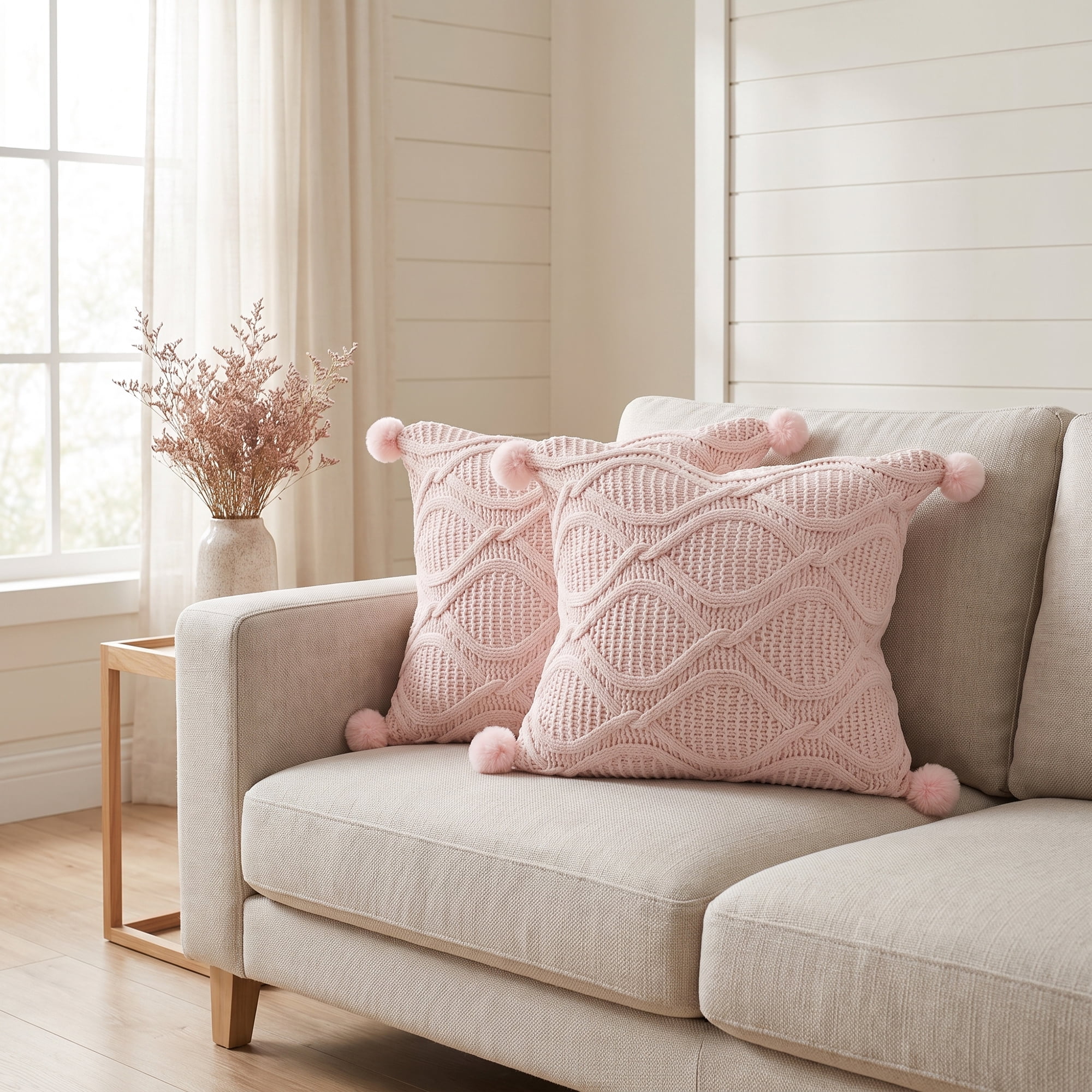 Unique Bargains Cable Knit Pillow Cover Solid Decorative Pompom Cushion Case Pink 18"x18"