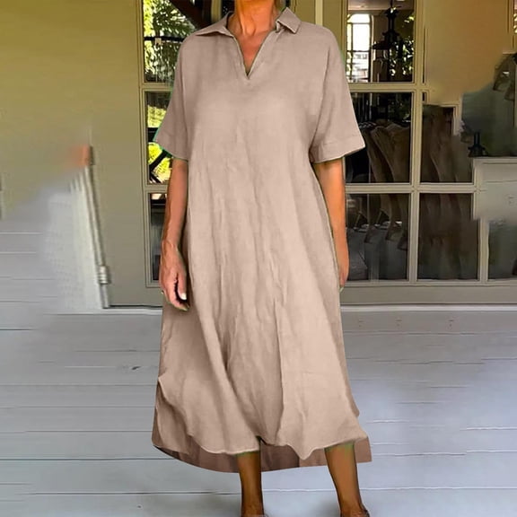 ClodeEU Women's V Collar Short Sleeve Midi Shirt Dress with Pockets,Solid Casual Loose Summer Dress Beige,Women's Plus L