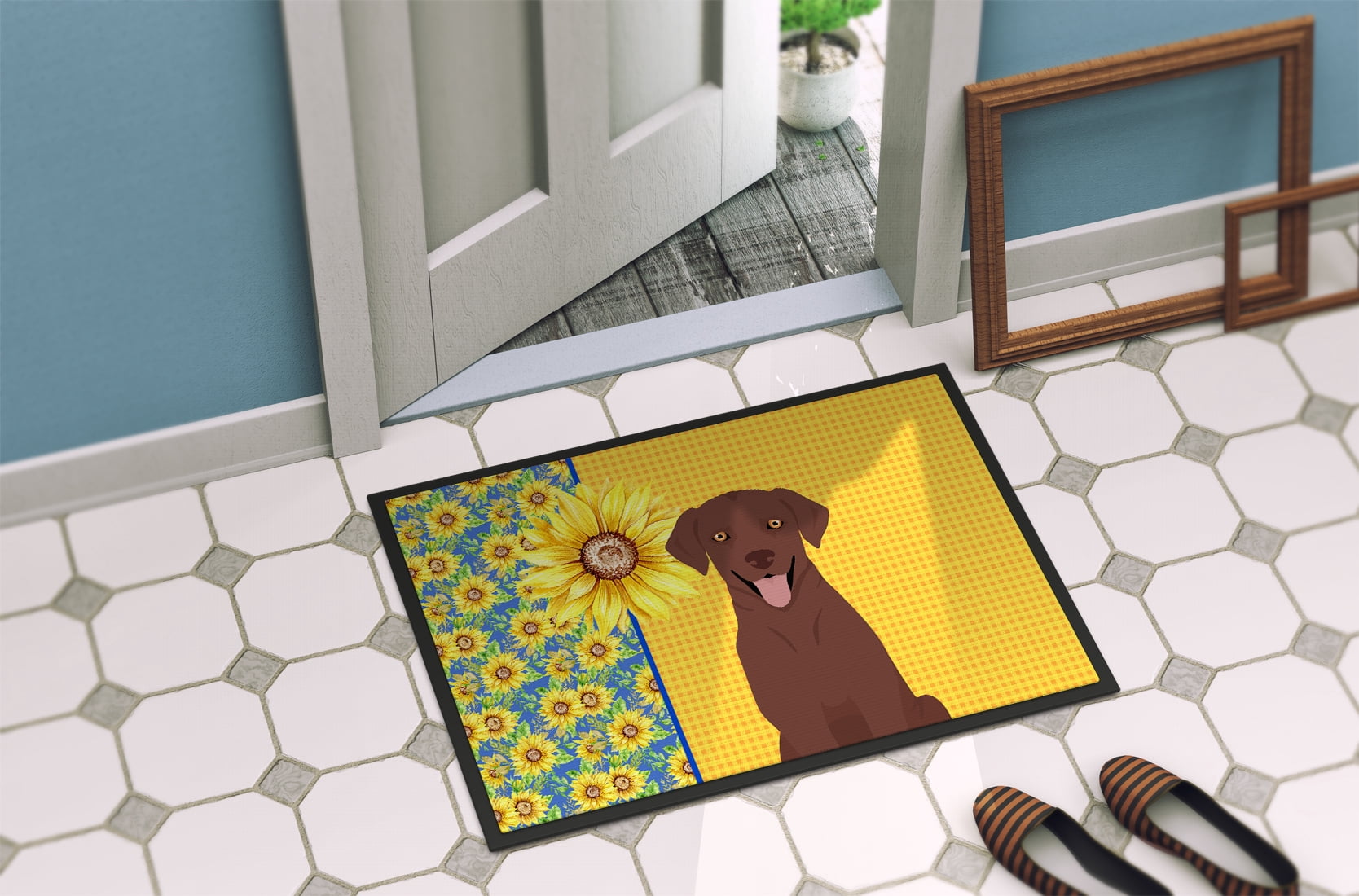 Carolines Treasures WDK5437MAT 18 x 27 in. Summer Sunflowers Chocolate Labrador Retriever Indoor or Outdoor Mat