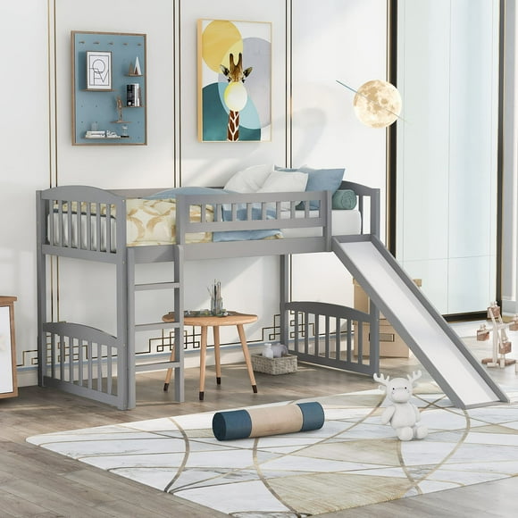 Bellemave Twin Loft Bed with Slide and Ladder, Low Loft Bed for Kids, Wood Loft Bed, for Boys Girls,Gray