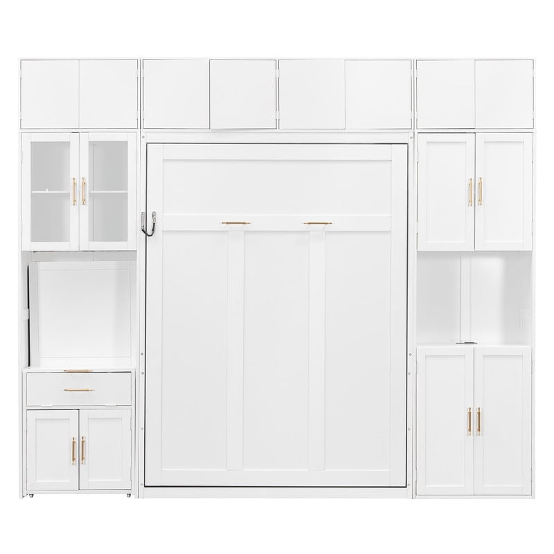 Full Size All-in-One Murphy Bed with Hidden Desk & Storage Cabinets, Foldable Platform Bed Frame with Power Outlet & LED Light