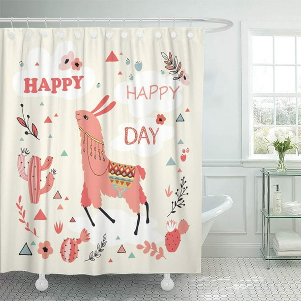 ABPHQTO Aloe verde Happy Lama con bonitas flores y cactus en pegatinas Accesorios infantiles Juego de cortinas de ducha impermeables para baño 165x180 cm ABPHQTO PKNMT66x72Shower-10356