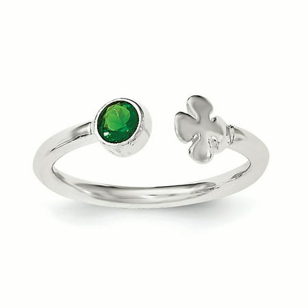 .925 Sterling Silver Green Glass Bead 4-Leaf Clover Adjustable Ring