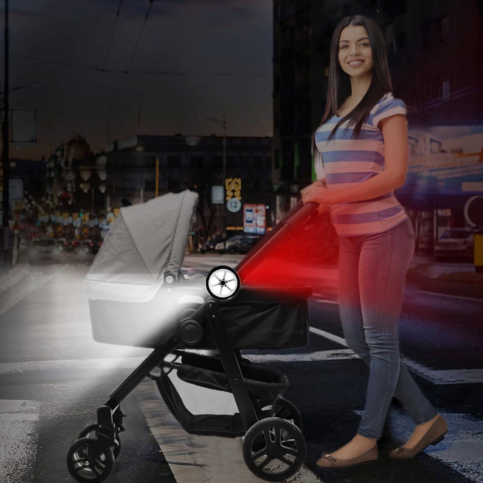 BIMZUC 2Pcs LED Stroller Safety Lights Wheel Shape 3 Modes AA Battery Powered Bike Lights with Screws for Outdoor, Black